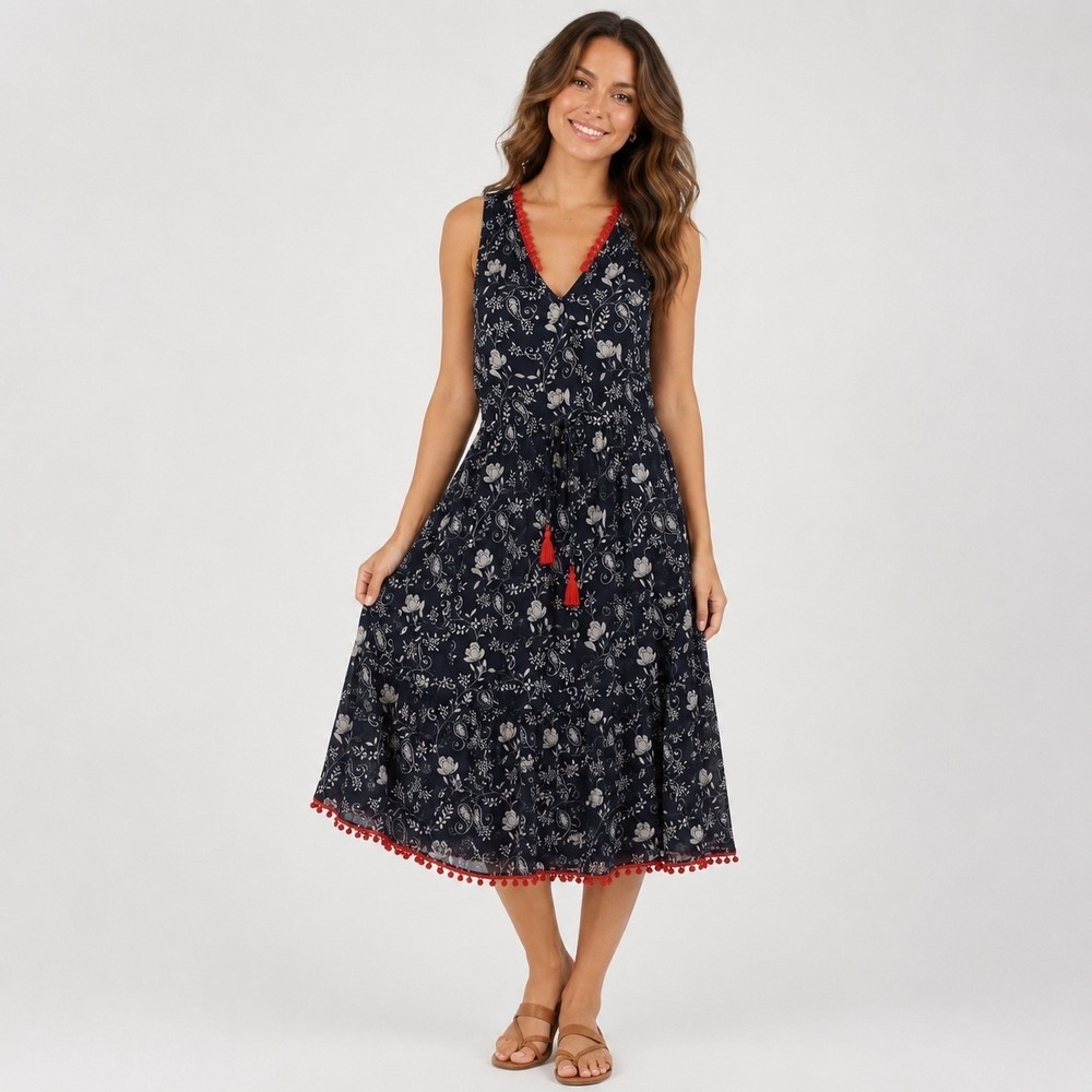 Jade by Johnny Was Susila Silk Midi Dress S Navy Blue Boho Floral Chiffon Lined